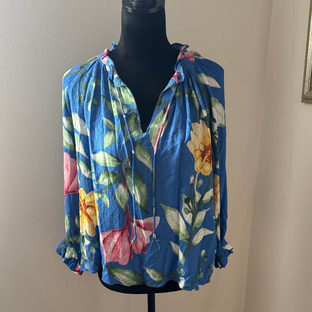 RACHEL Rachel Roy Floral Blue Women's Top split neck 3/4 sleeves‎ blouse Sz M